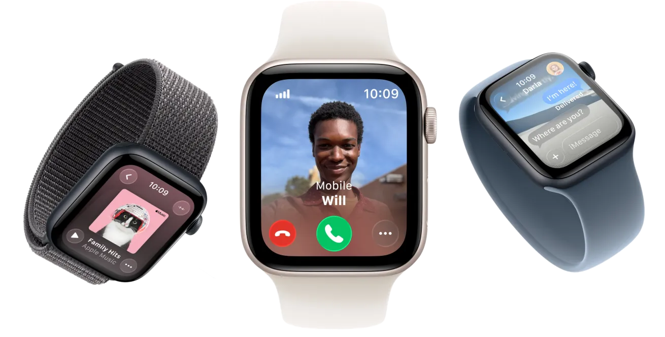 Apple Watch SE 3 裝置，採用星光色及午夜暗色鋁金屬錶殼，配搭深灰色運動手環、淡胭脂色單圈手環、錨鐵藍色單圈手環，螢幕顯示Apple Music、來電、訊息