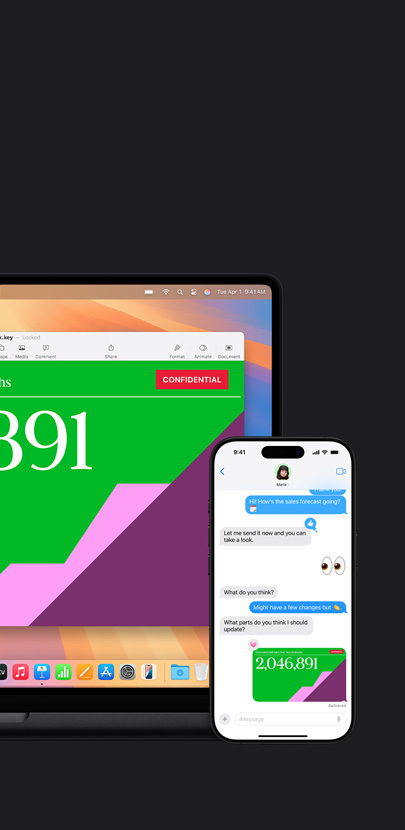 Mac 螢幕上顯示一份簡報。Mac 前面的 iPhone 顯示文字對話以及簡報連結。  