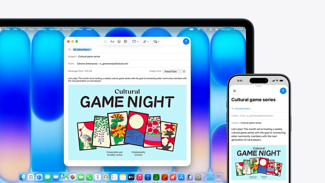 靛藍色 MacBook&nbsp;Neo 放在 iPhone 旁邊，兩部裝置的螢幕顯示同一封電郵，內容是社區中心活動通告