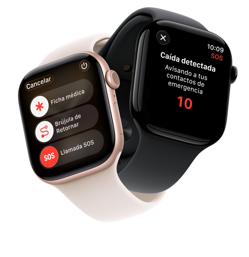 Dispositivos Apple Watch Series 11 entrelazados, cajas de aluminio, colores oro rosa y negro azabache pulido, funcionalidades de seguridad: Ficha Médica, Brújula de Retornar, llamada de emergencia, correas deportivas, colores rosa rubor y negro, animación