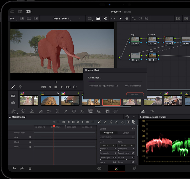 iPad Pro, parte frontal, color negro espacial, la pantalla muestra una app de edición de video, con líneas de tiempo y controles, donde se está usando la herramienta AI Magic Mask para aplicar efectos especiales a un clip de elefantes