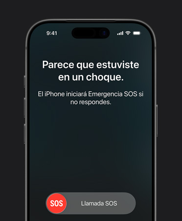 iPhone 17 Pro, parte frontal, esquinas redondeadas, funcionalidad Detección de Choques en uso