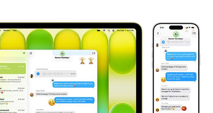 MacBook Neo with iPhone Mirroring showing a text thread on the screen.