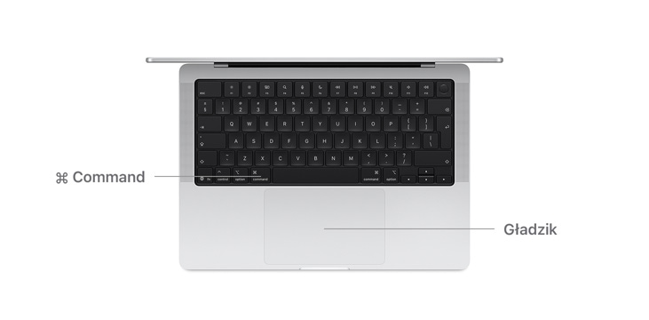 Widoczny od góry MacBook Pro 14″ z liniami wskazującymi położenie klawisza Command i gładzika.