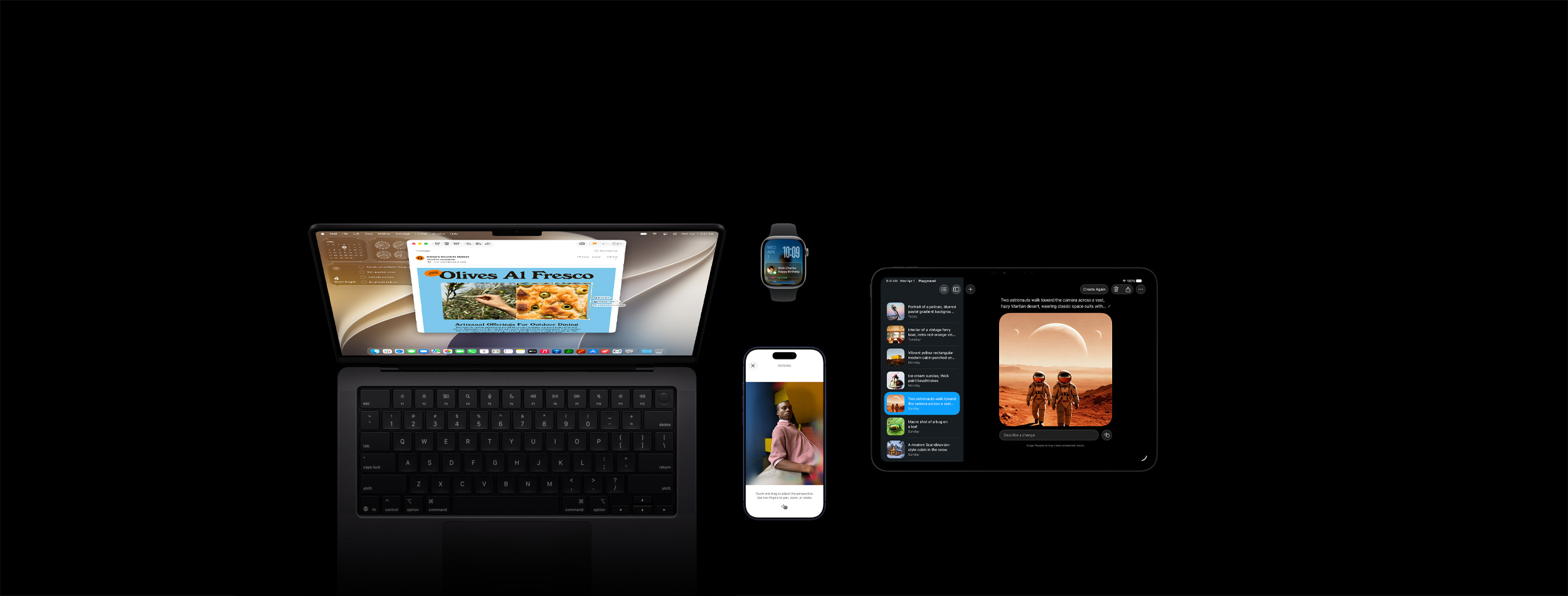 Cztery produkty, w tym iPhone 17 Pro w kolorze głębinowego błękitu z widoczną funkcją edycji zdjęć Przekadruj na przykładzie zdjęcia mężczyzny opartego o ladę, Apple Watch Series 11 w rozmiarze 46 mm w kolorze gwiezdnej szarości z widoczną datą i zablokowanym ekranem z przypomnieniem o dniu urodzin, MacBook Pro 14 cali w kolorze gwiezdnej czerni z widoczną funkcją Inteligencja wizualna i ze zrzutem ekranu przedstawiającym focaccię z oliwkami z mejla i zapytania Siri o ten obraz oraz iPad Pro 11 cali w kolorze gwiezdnej czerni