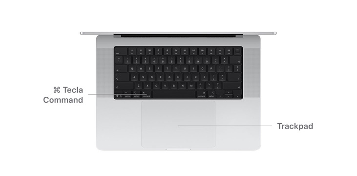 Vista de cima do MacBook Pro 14" com linhas a indicar onde se encontram o botão Command e o trackpad.
