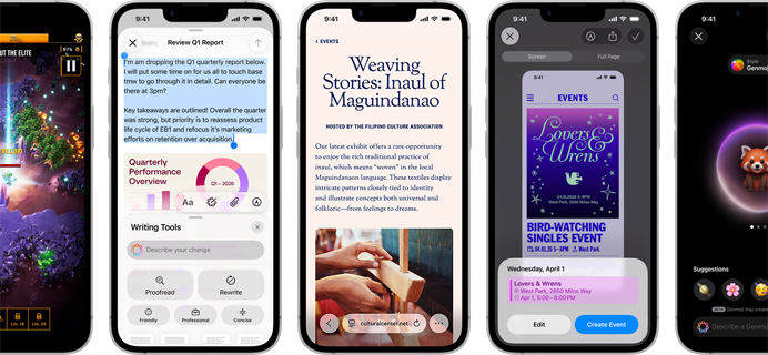 Dispozitive iPhone 17e alăturate, cu imagini diferite pe ecrane: un joc în desfășurare, Instrumente de scris, aplicația Apple TV, crearea unui eveniment în calendar, crearea unui Genmoji