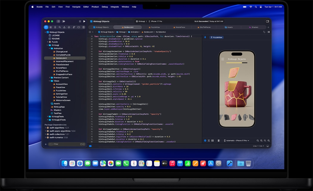 Ecranul MacBook Pro afișează o aplicație în curs de dezvoltare în Xcode