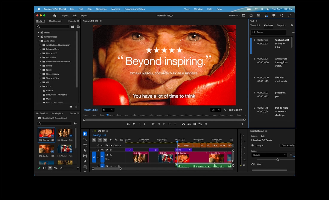 MacBook Pro screen showing the editing of a film titled Eternal Play in Adobe Premiere Pro