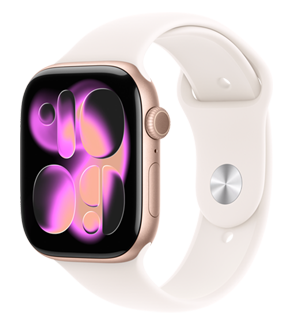 Apple Watch Series 11, hliníkový kryt vo farbe ružové zlato, ciferník Responsive Art, pohľad zvonku na pravú stranu, korunka Digital Crown, mikrofón, bočné tlačidlo, ružovkastý športový remienok