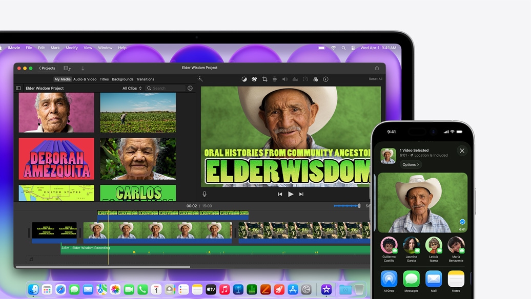 MacBook Neo, strieborná farba. Zobrazuje okno iMovie s názvom Múdrosti starších. Vedľa neho je iPhone, na ktorom sa prehráva video jedného z ľudí v okne iMovie. Pod videom je zoznam možností zdieľania vrátane funkcie AirDrop.