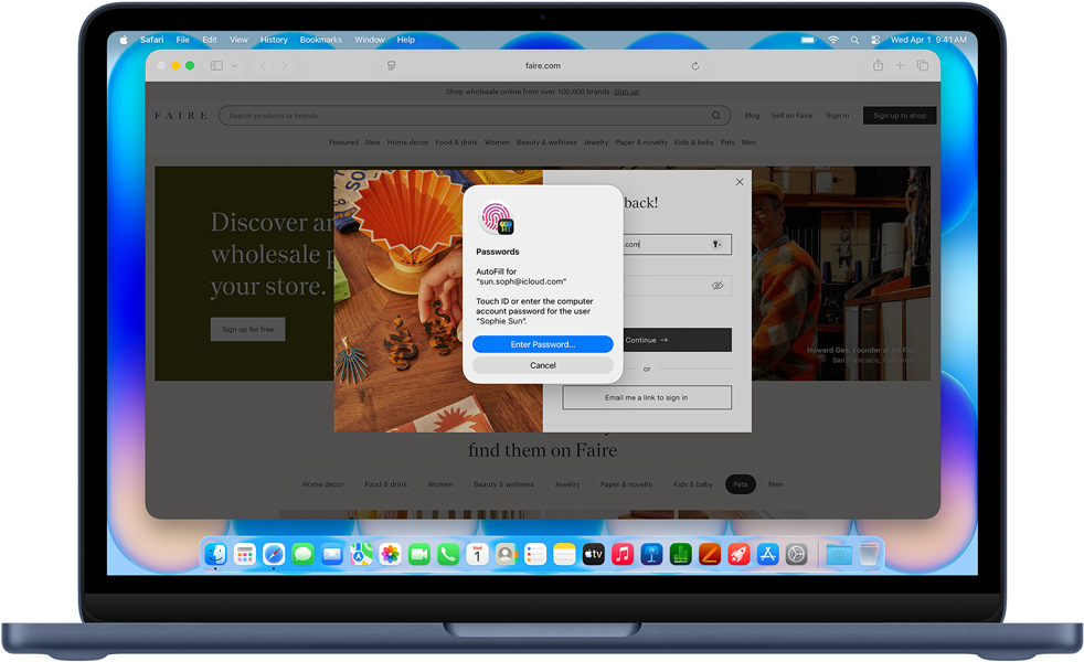 MacBook Neo, indigová farba, Safari zobrazuje používateľovi výzvu prihlásiť sa pomocou Touch ID alebo hesla na web s názvom Klinika komunitnej starostlivosti.