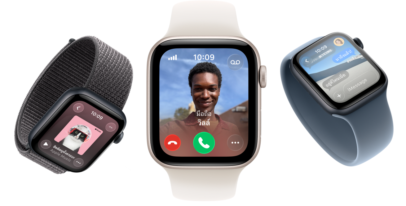 Apple Watch SE 3 devices, aluminum cases, starlight and midnight colors, Sport Loop, dark gray color, Solo Loop, light blush color, Solo Loop, anchor blue color, screens: Apple Music, incoming call, Messages