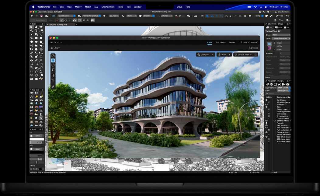 หน้าจอ MacBook Pro แสดง Vectorworks Design Suite with Maxon Redshift