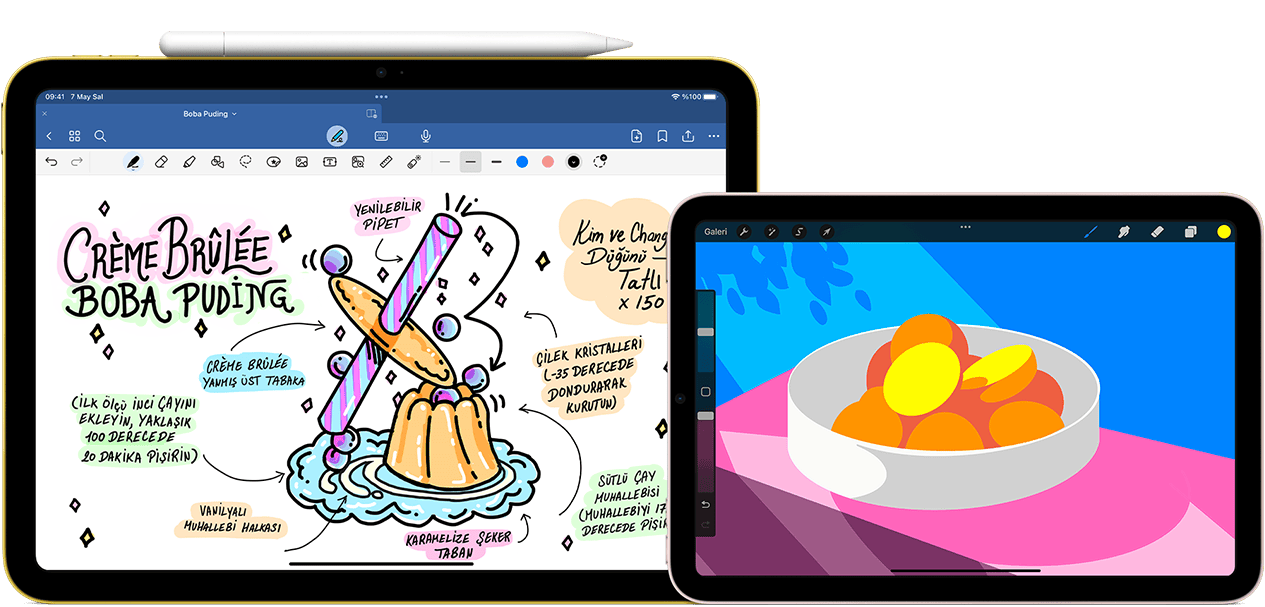 Solda dikey pozisyonda iPad, üstünde yapışık duran Apple Pencil USB-C ile yapılan bir çizim ve notların grafiği görülüyor.