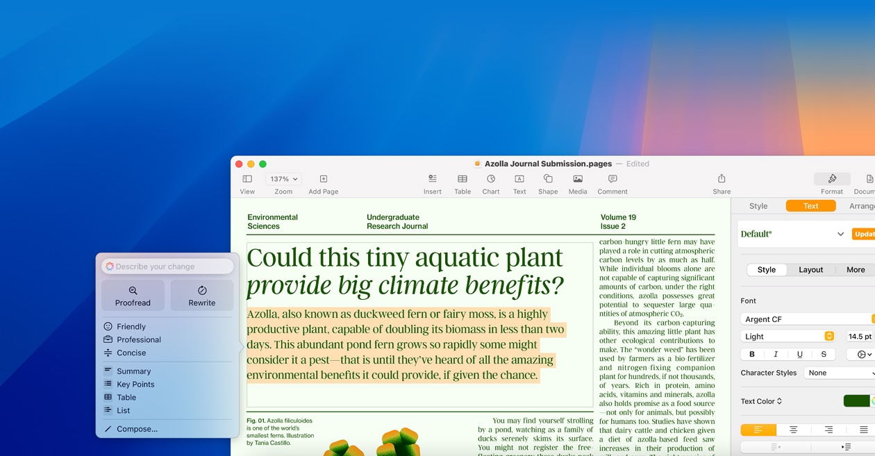 Apple Intelligence Yazma Araçları özelliğinin kullanımını gösteren ekran.