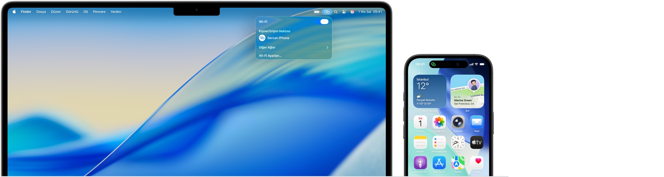 14 inç MacBook Pro, menü çubuğunda Denetim Merkezi açık, Kişisel Erişim Noktası bağlantısında “Eric’in iPhone’u” yazıyor, iPhone 16 ekranının sol üst köşesinde yeşil Kişisel Erişim Noktası göstergesi yer alıyor