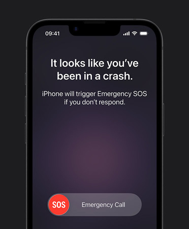 iPhone 17e, front exterior, Crash Detection feature in use