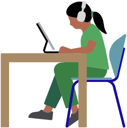 AirPods Maxを着用した女性が、デスクに座ってiPadを使っている