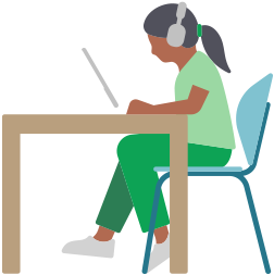 AirPods Maxを着用した女性が、デスクに座ってiPadを使っている