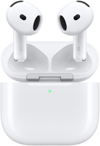 Åbent AirPods 4-opladningsetui, som viser AirPods, der svæver oven over det.