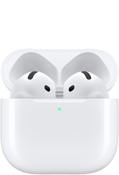 Căștile AirPods 4 în interiorul carcasei de încărcare, cu capacul deschis.