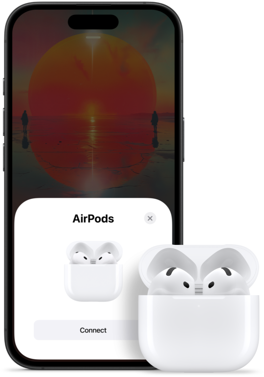 O carcasă de încărcare deschisă, cu căștile AirPods 4 în interior, lângă un iPhone care arată că acestea s-au conectat.