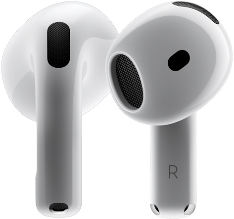 Două căști AirPods 4 se rotesc una în jurul celeilalte și se opresc în unghiuri diferite.