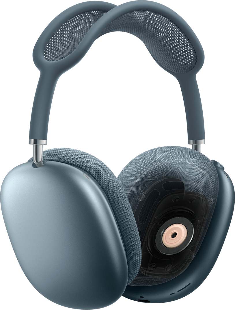 Λήψη AirPods Max από γωνία τριών τετάρτων. Το αριστερό ακουστικό έχει ένα εφέ ακτίνων Χ που δείχνει το εσωτερικό driver.