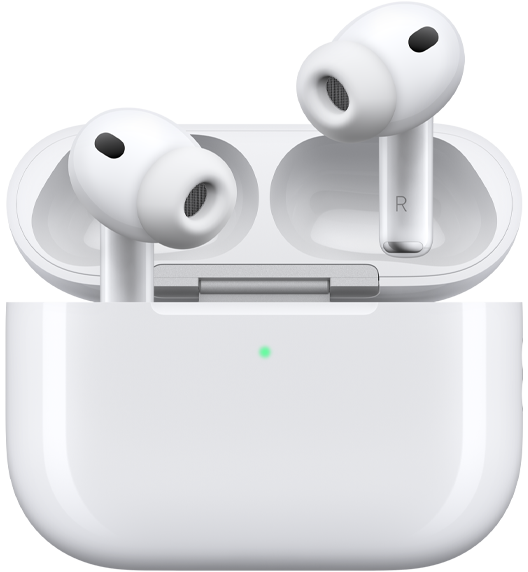 سماعات AirPods&nbsp;Pro&nbsp;3 وعلبة شحن MagSafe ‏(USB‑C‎)، علبة خارجية مدوّرة، مؤشر طاقة LED، غطاء العلبة مفتوح، لون أبيض، سماعات رأس لاسلكية مع رؤوس من السيليكون، الجزء الداخلي من الجذع يظهر عليه الحرفان L وR‏