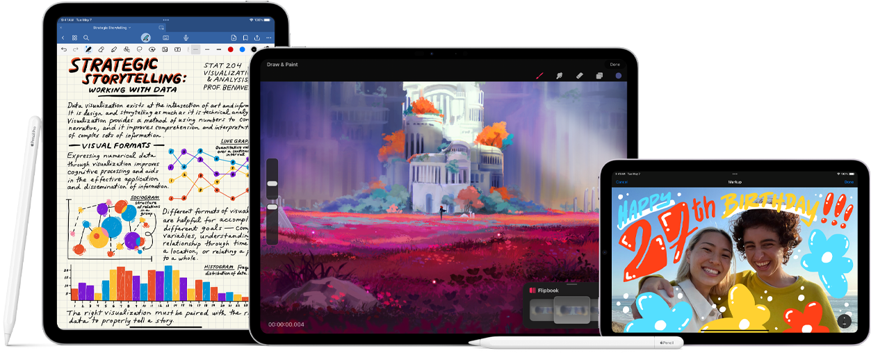 Kolm esiküljega, kõrvuti asetsevat iPadi. Vasakul on 10. põlvkonna iPad, vertikaalpaigutuses koos 1. põlvkonna iPadiga. Keskel on horisontaalpaigutuses iPad Pro, näidates värvilist joonistust ning ülaosale kinnitatud Apple Pencil Prod. Paremal on iPad mini, horisontaalpaigutuses ning ülaosale kinnitatud 2. põlvkonna Apple Penciliga. Apple Pencil (USB-C) on asetatud horisontaalselt üle iPad Pro ja iPad mini esikülgede.