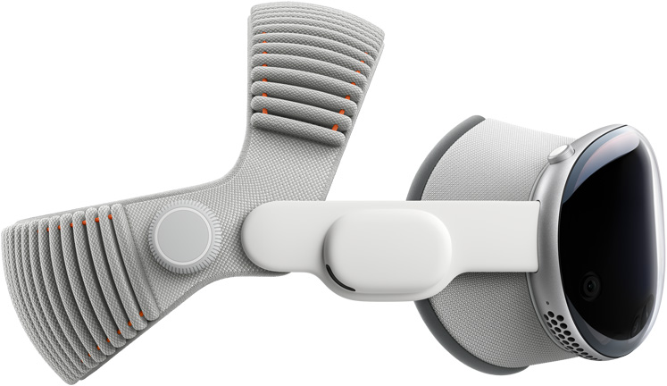 Side view of Apple Vision Pro, aluminium alloy frame, assembled with Light Seal, Audio Straps and Dual Knitted Band