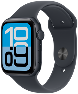 Apple Watch SE 3, алуминиев корпус, цвят среднощно синьо, Flux циферблат, дясна външна страна, Digital Crown, микрофон, страничен бутон, каишка Sport Band в цвят среднощно синьо, закопчалка в цвят среднощно синьо