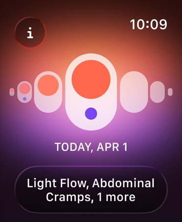 Siden Min cyklus i appen Sundhed med en kalender, der angiver menstruationsstadiet Let blødning
