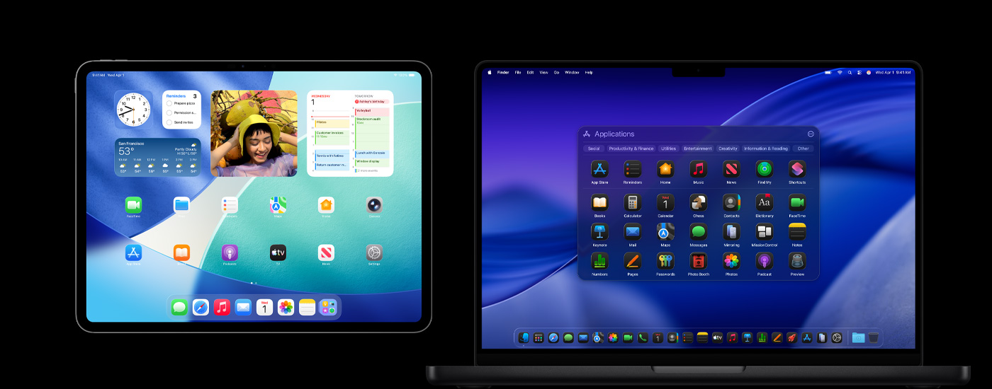 An iPad and a Mac displaying various app icons. The iPad shows several widgets, including Calendar, Weather, and Photos. In background of Mac is MacOS Tahoe.