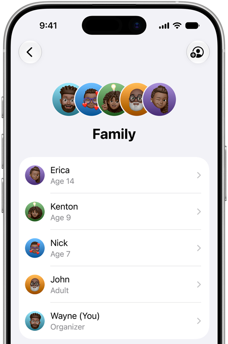 iPhone displaying the Family interface with multiple family member accounts, from children to adults.