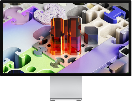 Přední strana Studio Displaye s tapetou připomínající trojrozměrné puzzle