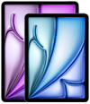 Two iPad Air devices in different sizes, front view, smaller one in front of larger one, featuring vibrant purple and blue gradient patterns.