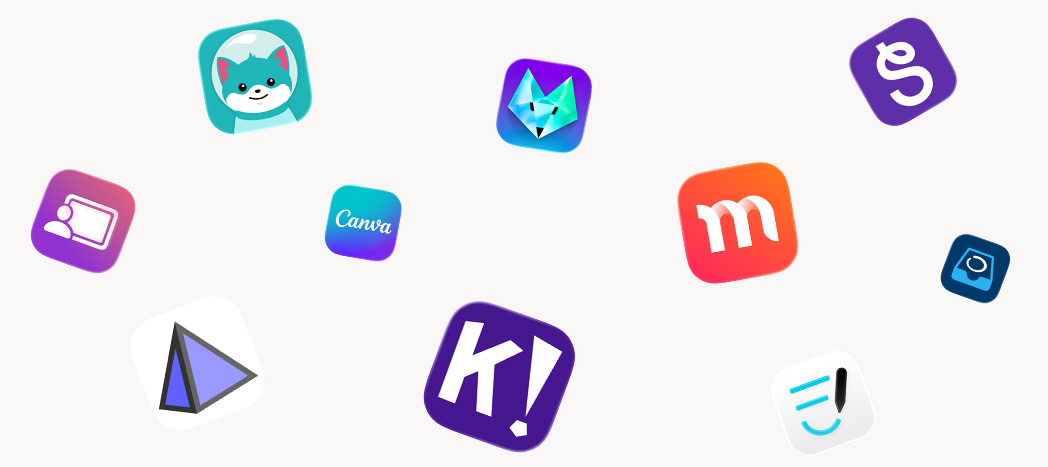 Burst of K-12 app partner icons, Jamf Teacher, GeoGebra, Kaligo, Canva, Kahoot!, Foxar, Magma Math, Goodnotes, Seesaw, and Showbie