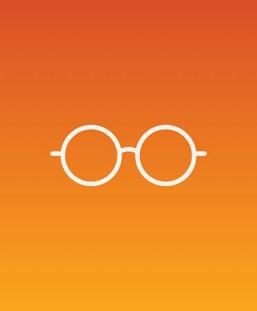 Dark gradient orange card, white glasses icon in center