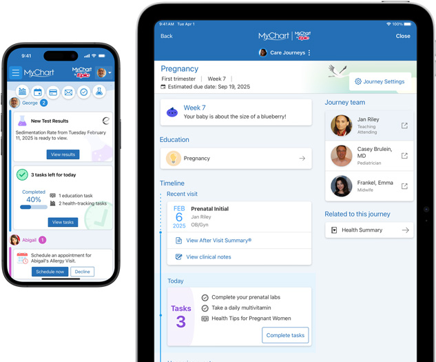 Pantallas de iPhone y iPad con la app Epic MyChart.