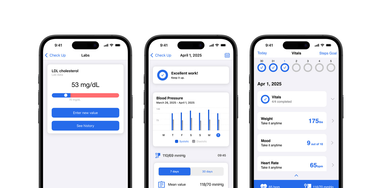 Un iPhone muestra las funciones de la app Corrie Health.