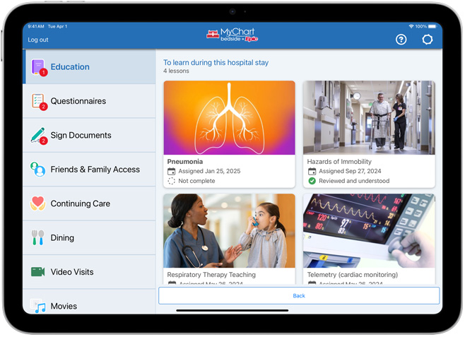 Software, som viser Epic MyChart Bedside.