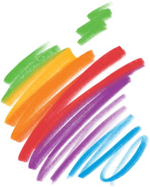 Rainbow-colored brushstroke illustration of the Apple logo above the headline 50 Years of Thinking Different.