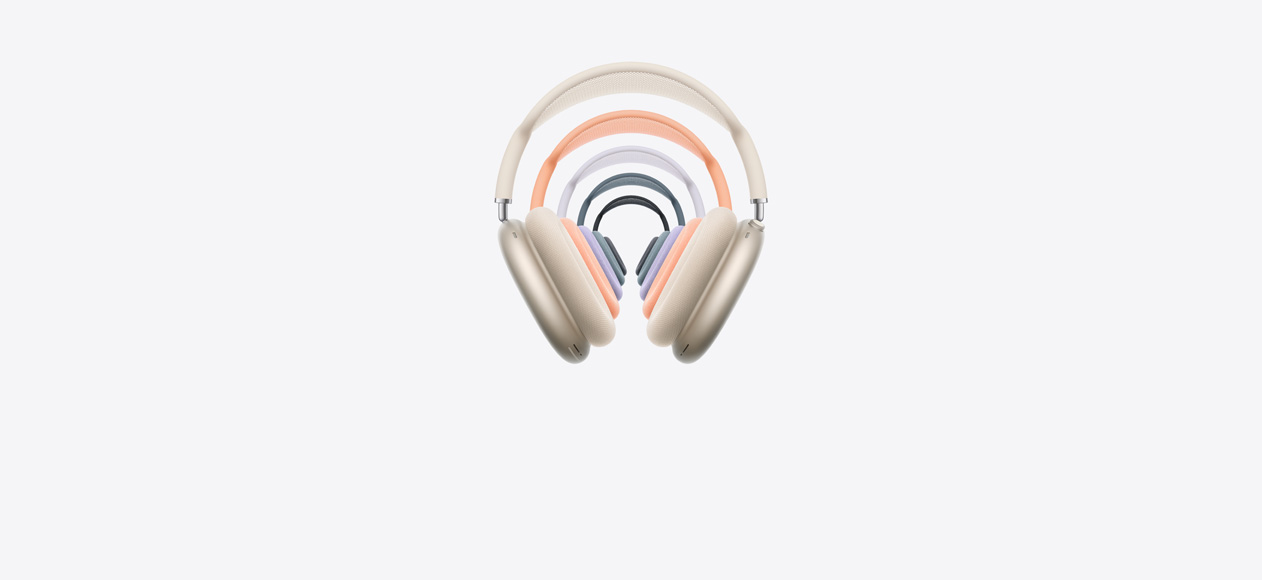 AirPods Max 2 over-ear headphones, front view, stacked, shown in various colors, mesh canopy and foam cushions, digital crown and Listening mode button.