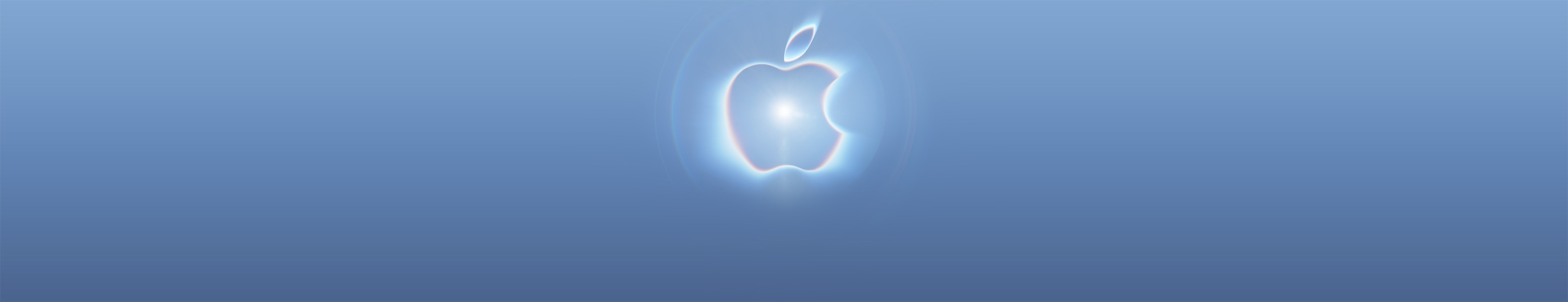 Apple logo with a glowing neon effect in blue and pink hues, a bright white flare at its centre, on a gradient background