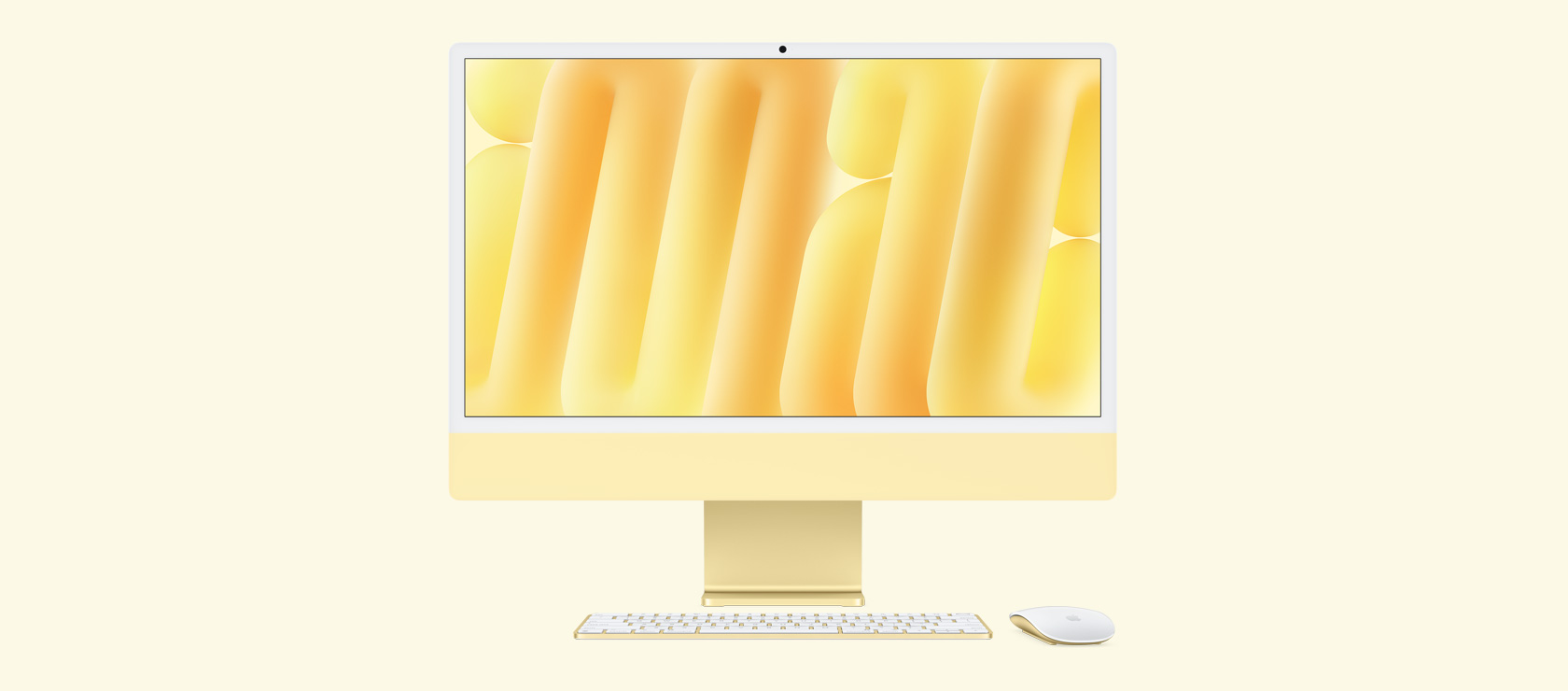 同じカラーのマウスとキーボードを合わせたイエローのiMacを正面から見た図