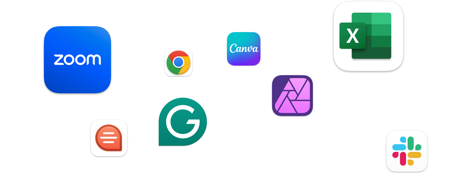 Zoom、Canva、Microsoft Excel、Adobe Photoshopなど、様々なアプリのアイコンが画面上に浮かんでいる