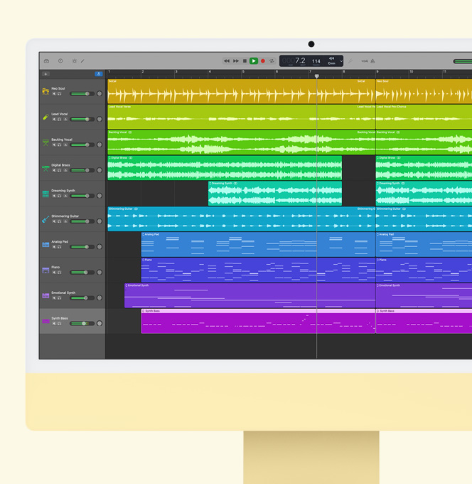 イエローのiMac。画面にGarageBandが表示されている