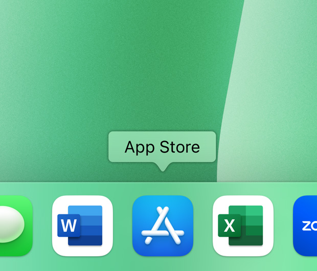 iMacのDockに連絡先、Microsoft Word、App Store、Microsoft Excel、Zoomといったアプリのアイコンが表示される